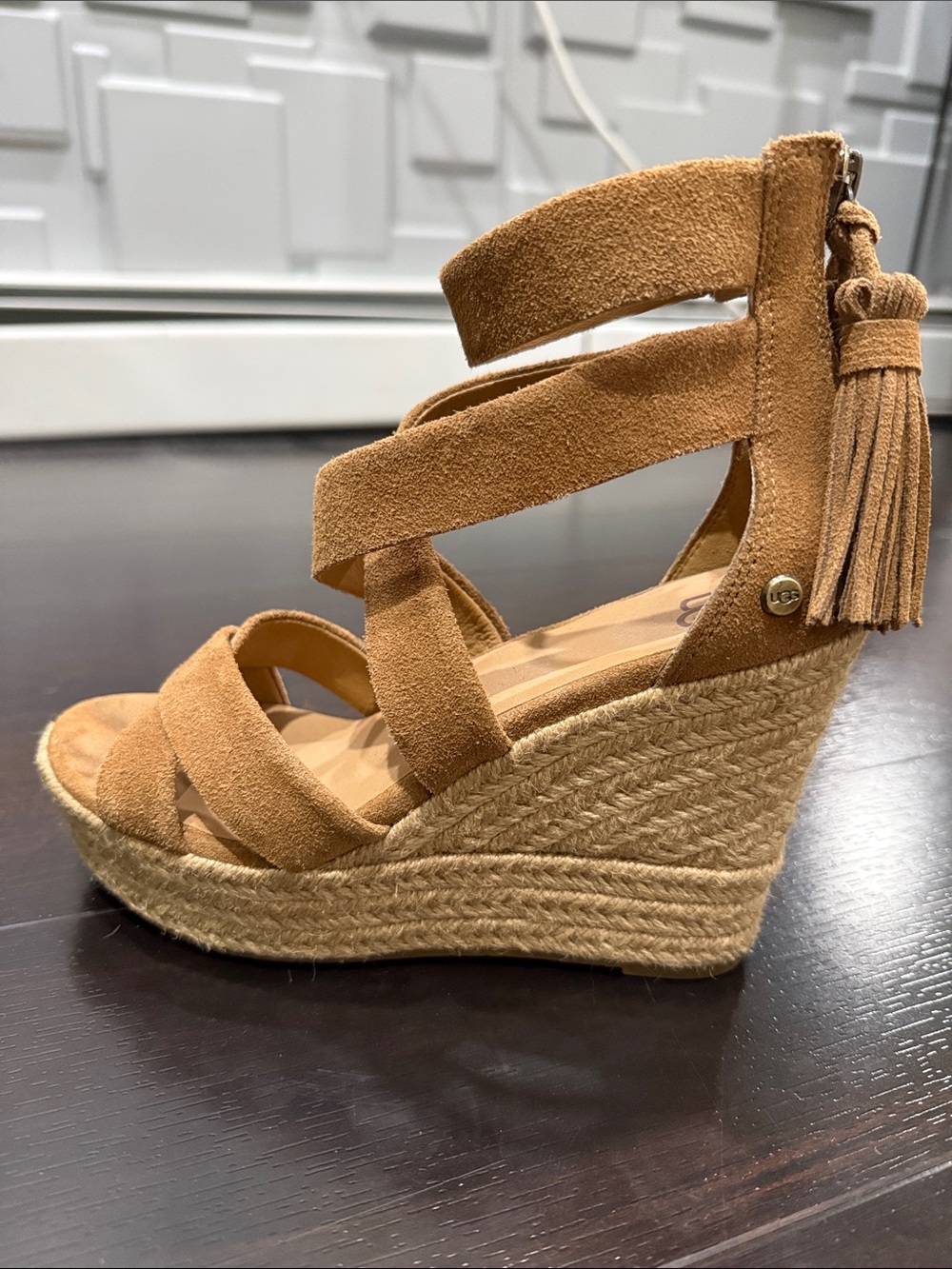 UGG Tan Suede Espadrille Wedge Sandals with Tassel Ankle Straps